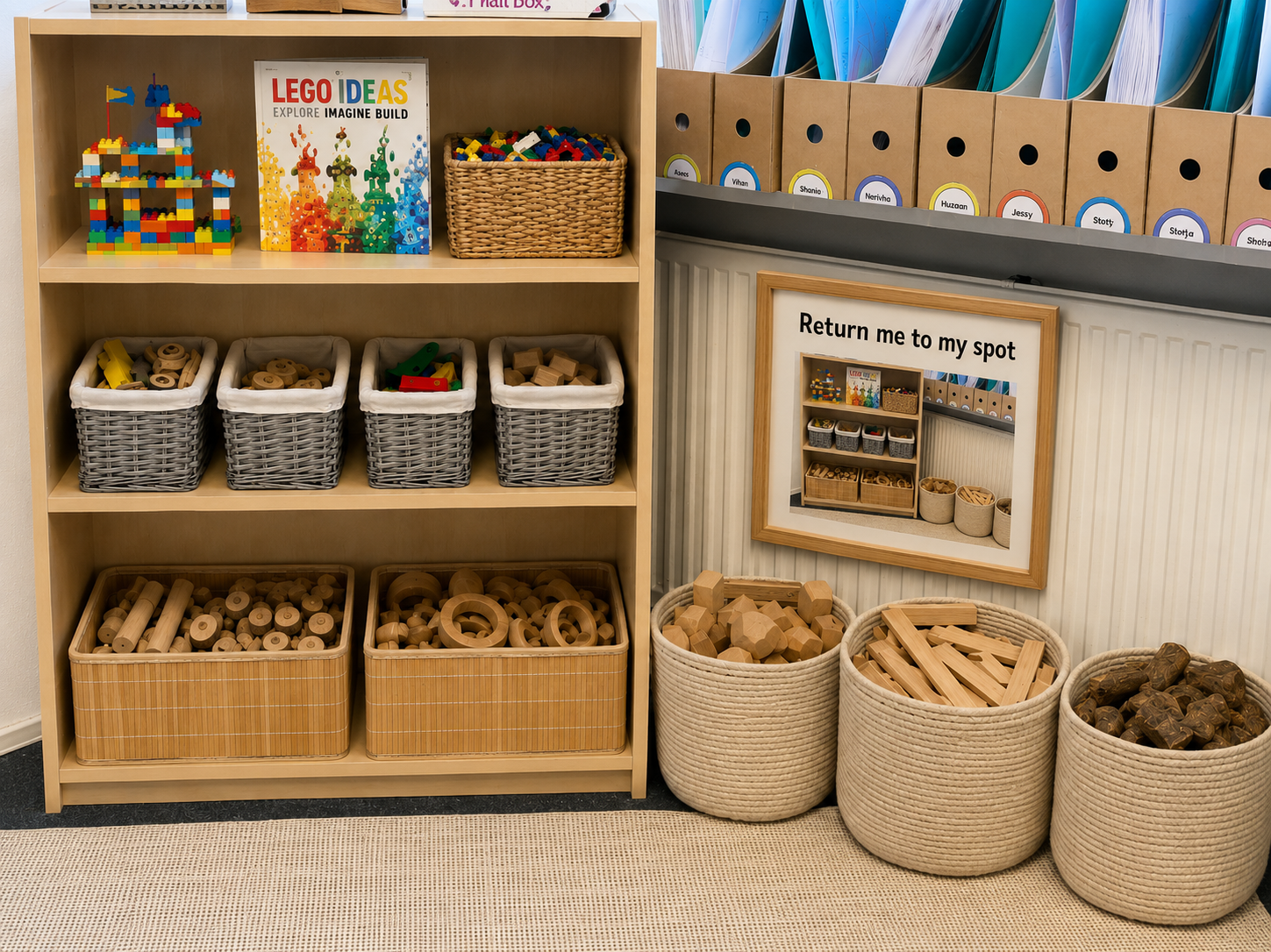 A 'Return me to my spot' reminder photograph beside a shelf
